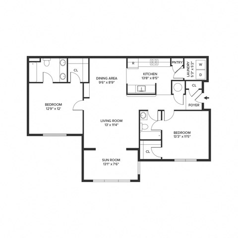 Floor plan for 2 beds, 2 baths, 1183 sqft
